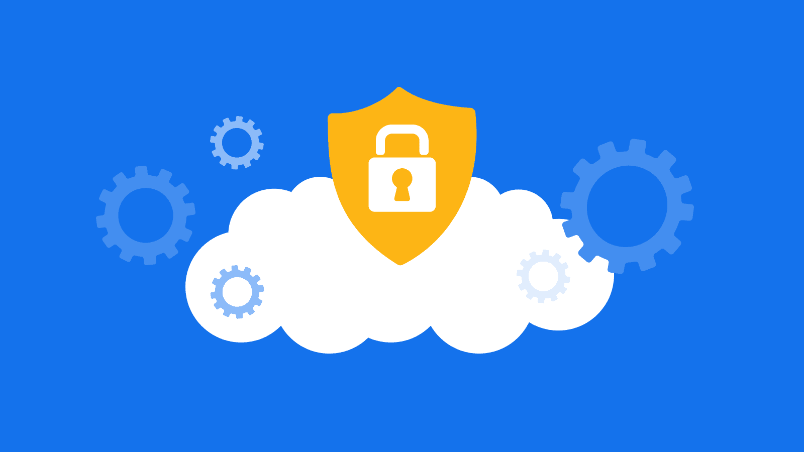A white cloud over a blue background with gear wheels around it and a security lock on top