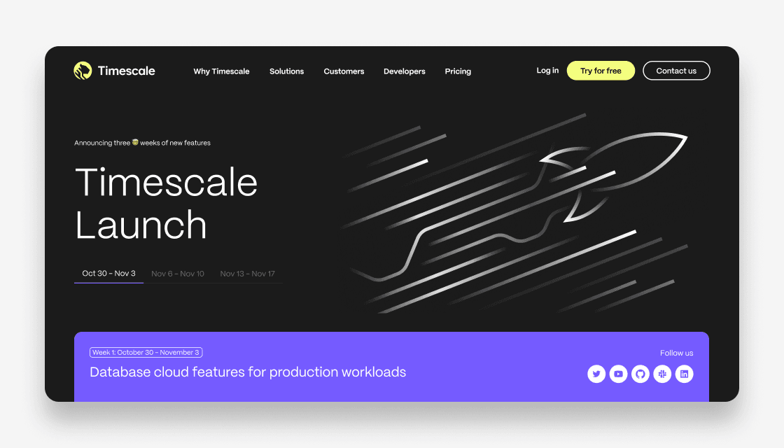 The landing page for our Cloud week: Timescale is refining its mature cloud platform