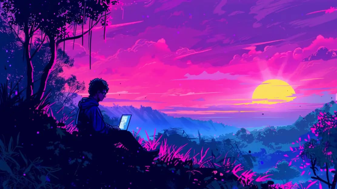 A developer working in a countryside landscape. A countryside reflection on infrastructure choices.