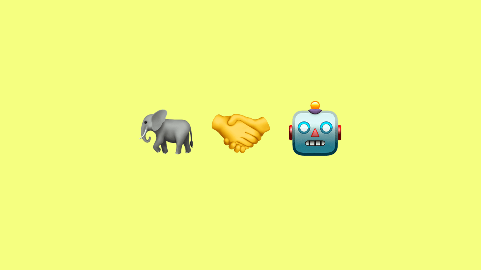 An elephant, a handshake, and a robot emoji over a yellow background, representing PostgreSQL and AI coming together