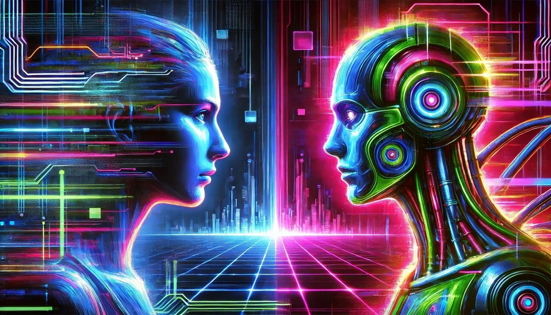 A human face and a robot (AI) face staring at each other: A Brief History of AI and How Did We Get Here