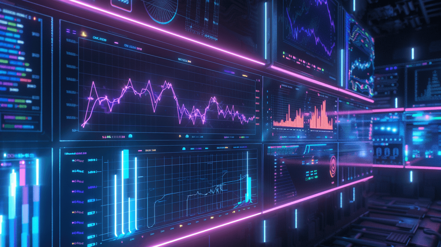 Several time-series graphs on a high-tech computer screen in neon colors.