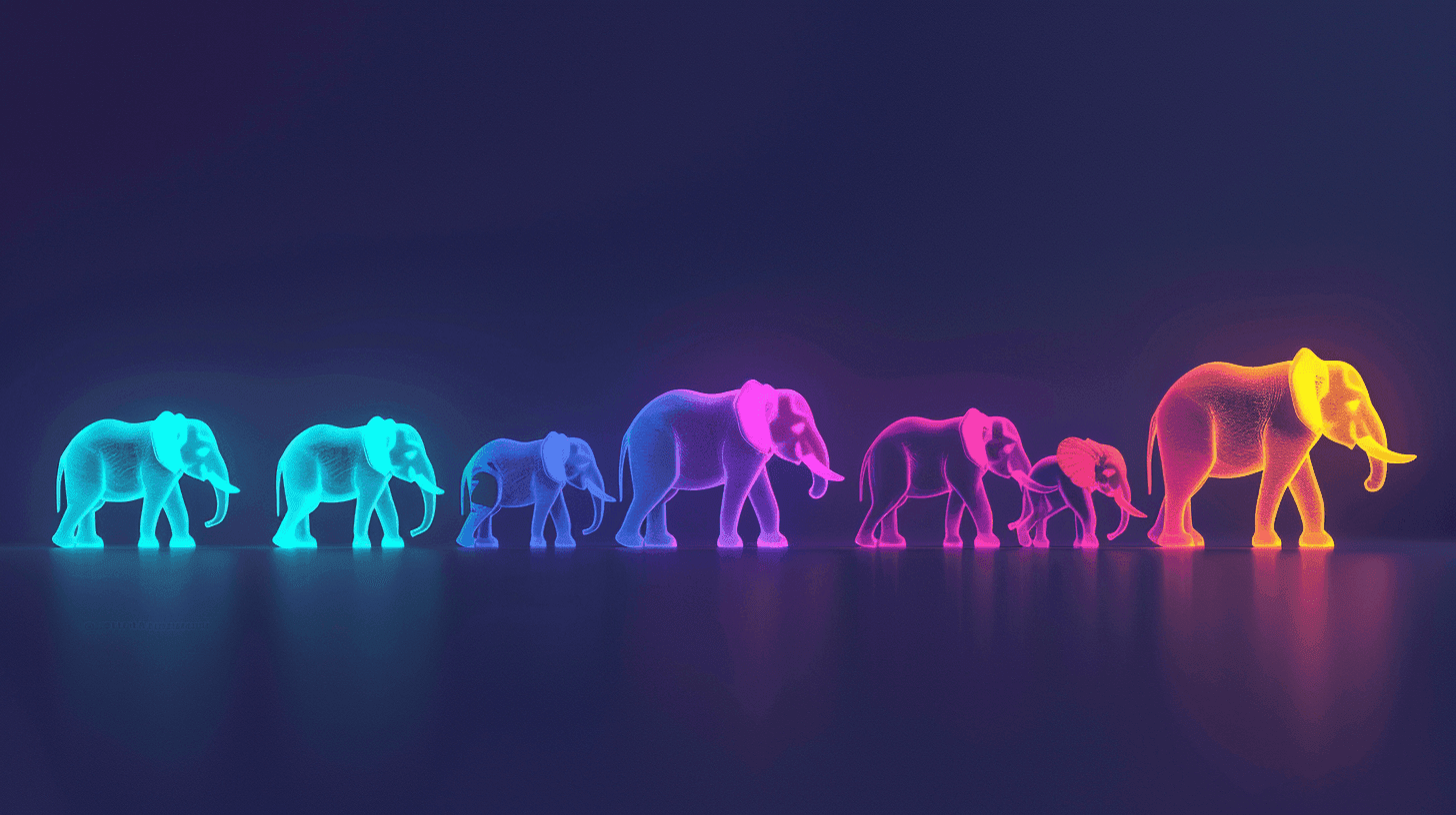 A line of elephants (some bigger, others smaller), representing bursty workloads, which suit serverless PostgreSQL