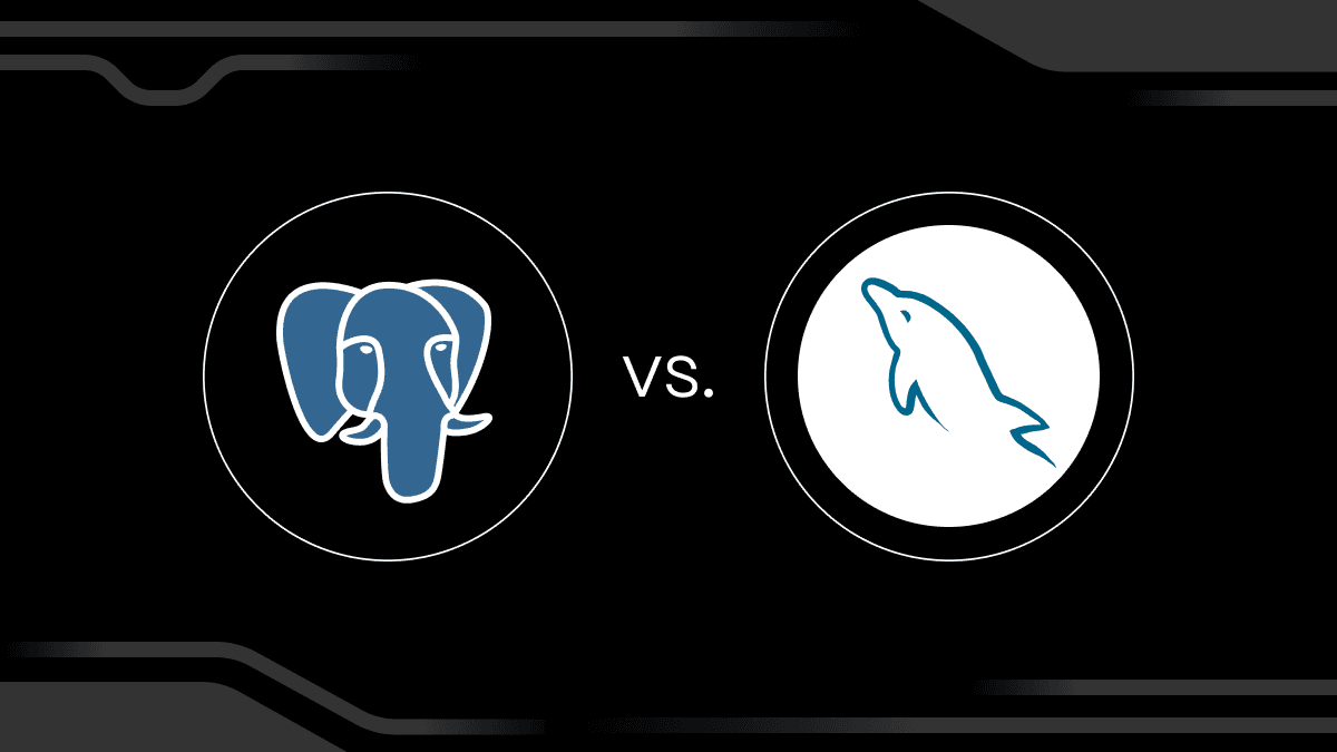 PostgreSQL logo and the MySQL logo over a black background. PostgreSQL vs MySQL: Which to Choose and When