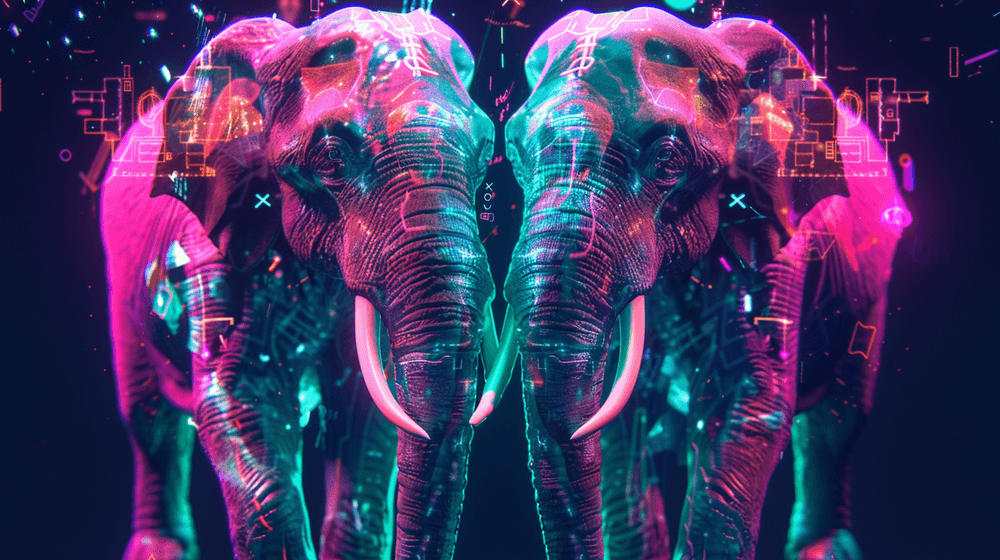 Two side by side elephants (representing Postgres) with several symbols (programming languages) in the background