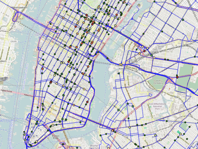 A GIF showing data collected continuously from GPS locations of New York City buses over time