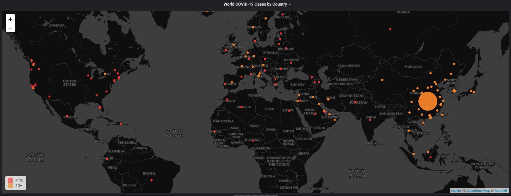 Grafana worldmap, showing confirmed COVID-19 cases as of early March