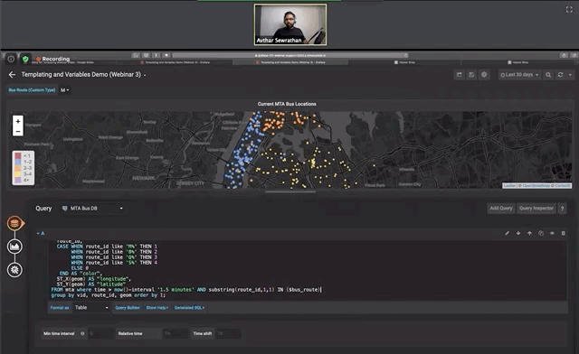 Preview of Zoom webinar, showing Grafana dashboard and speaker