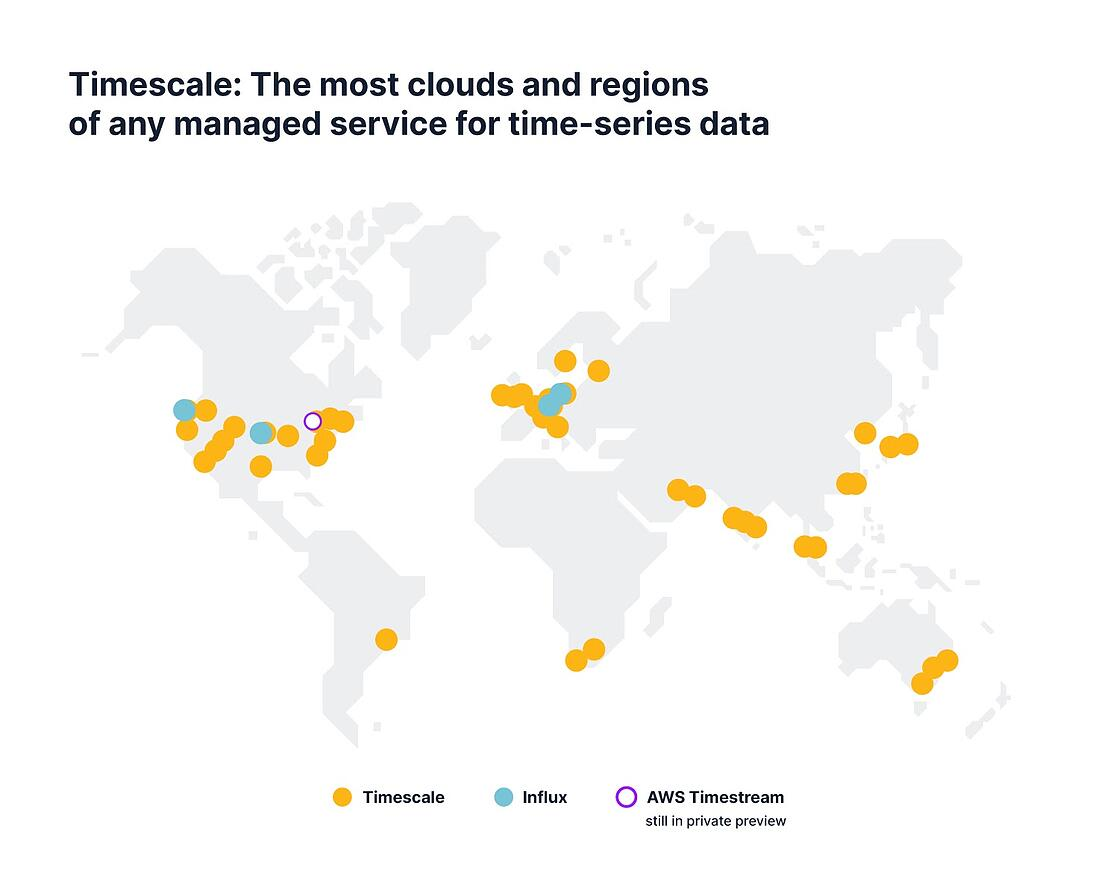 World map using different colored dots to plot Timescale, Influx, and AWS Timestream cloud regions 