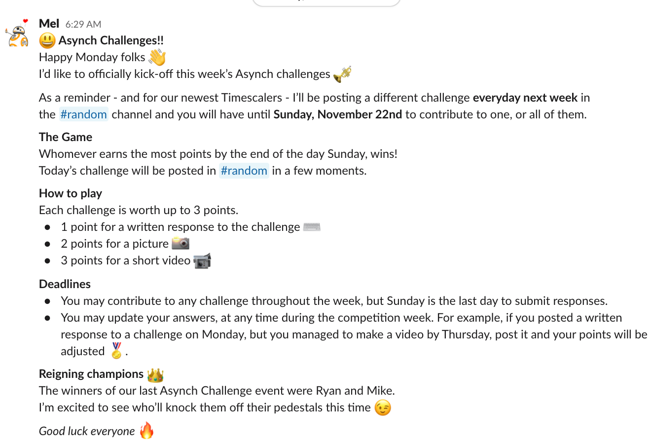 Screenshot of Slack message with async challenge rules, deadlines, and reigning champions