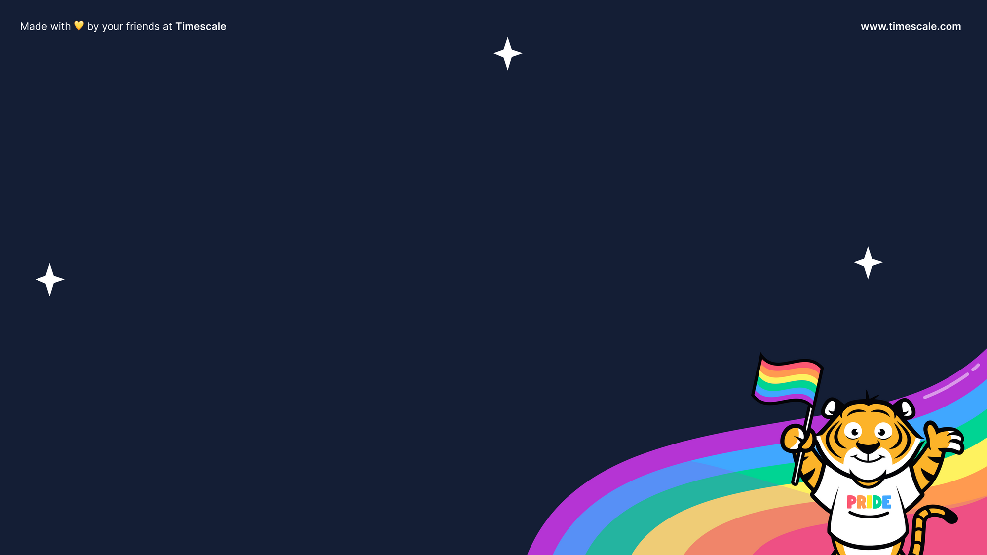 The dark background with Pride colors and with Eon, Timescale mascot, waving a Pride flag