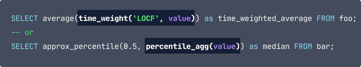The same as the previous in terms of code, except the sections: time_weight('LOCF', value) and percentile_agg(value) are highlighted 