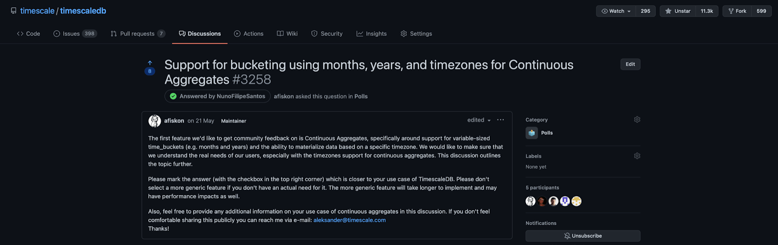 A screenshot of the top requested features from our Github issues and a screenshot of the GitHub discussion about improvements to the time_bucket function.