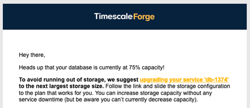 Example email alert notifying you that your disk storage capacity has exceeded 75%.