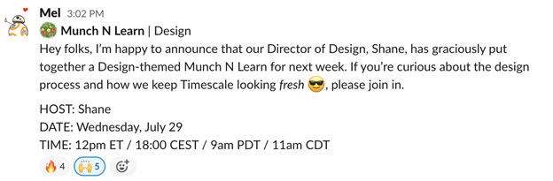 Screenshot of Slack message announcing Design Munch N Learn description, date, and time