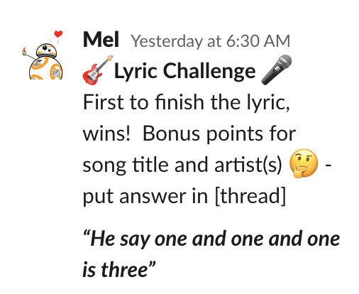 Slack UI screenshot with sample lyric challenge message post