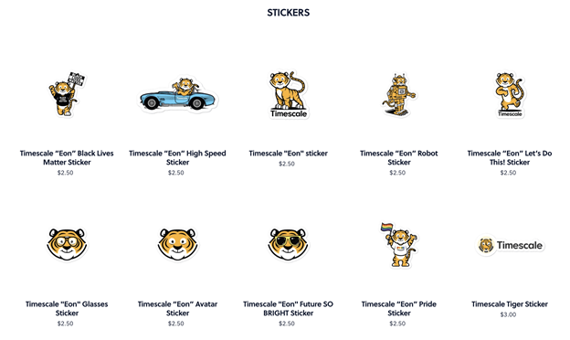 Screenshot of sticker options available on Timescale Shop (various "Eon" tiger mascot designs)