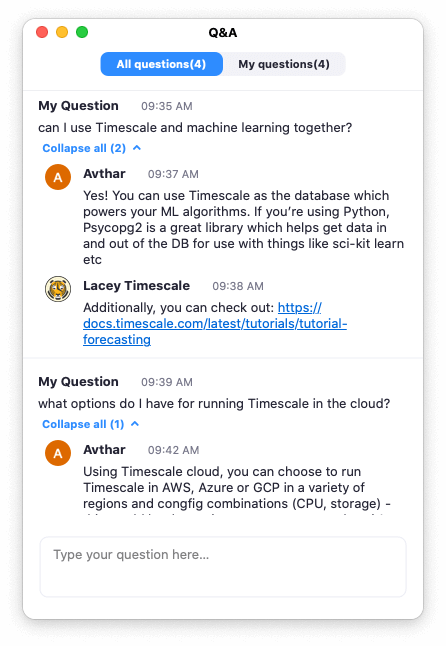 Chat question UI from Zoom webinar with mock questions 