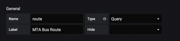 Name, label and, type settings for our "route" variable (Grafana UI)