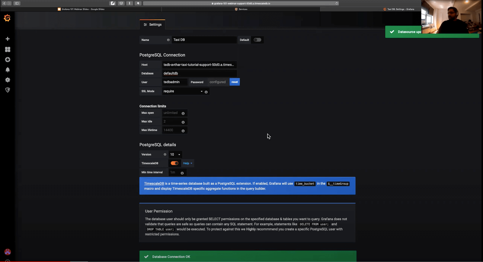 Screen showing how configuration options to set up TimescaleDB as a datasource in Grafana