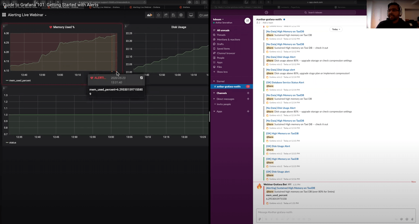 Grafana dashboard and Slack channel side by side, showing an alert from Grafana sent to Slack