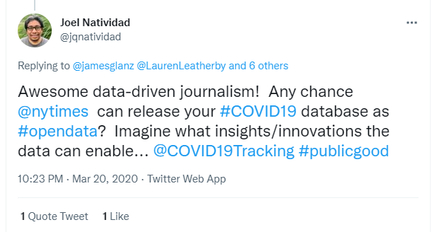 Screenshot of tweet from Joel, requesting the NYT publicly releases its COVID-19 data
