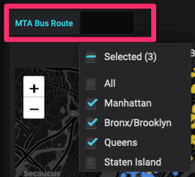 Drop down picker showing 3 MTA Bus Route selections (Grafana UI)