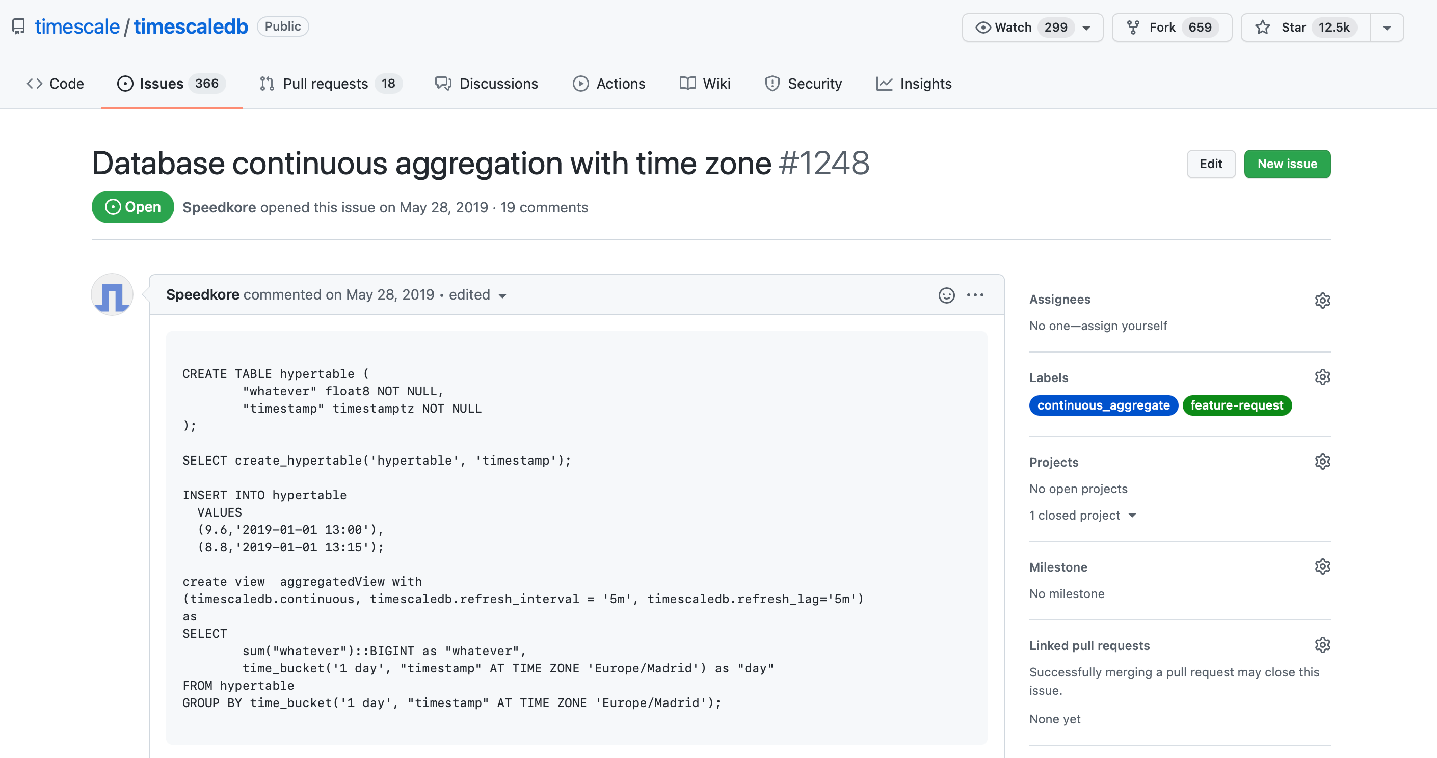 Screenshot of the GitHub issue that originated the support for timezones in continuous aggregates.
