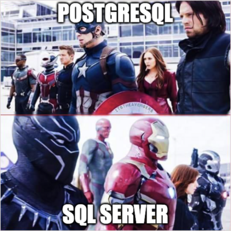 A meme from the Captain America Marvel movie showing two groups of superheroes opposing each other (PostgreSQL vs. SQL server)