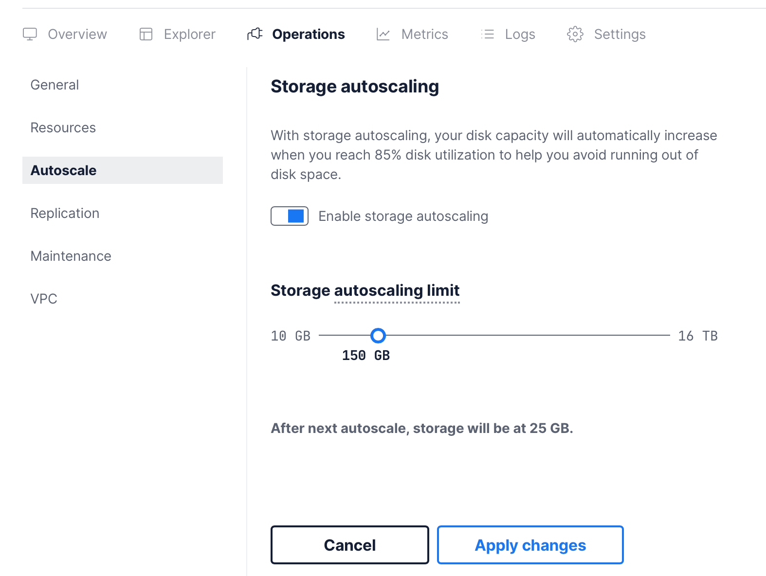 The screenshot of Timescale Cloud UI showing that storage autoscaling feature is enabled, your Timescale Cloud service will increase its storage once it reaches 95% of the current storage plan until it reaches its storage autoscaling limit.