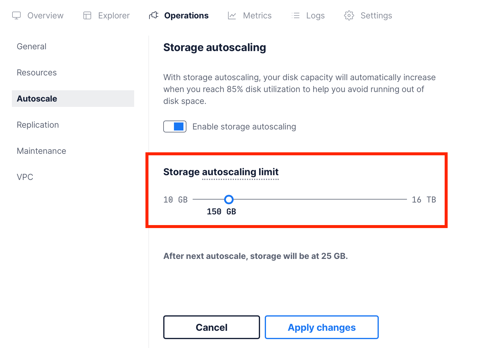 The screenshot of the Timescale Cloud UI with the autoscaling option in the Timescale Cloud console shows you your storage autoscaling limit and the next storage plan it will autoscale to.