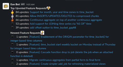 A list of the top upvoted feature requests in Timescale's Community Slack
