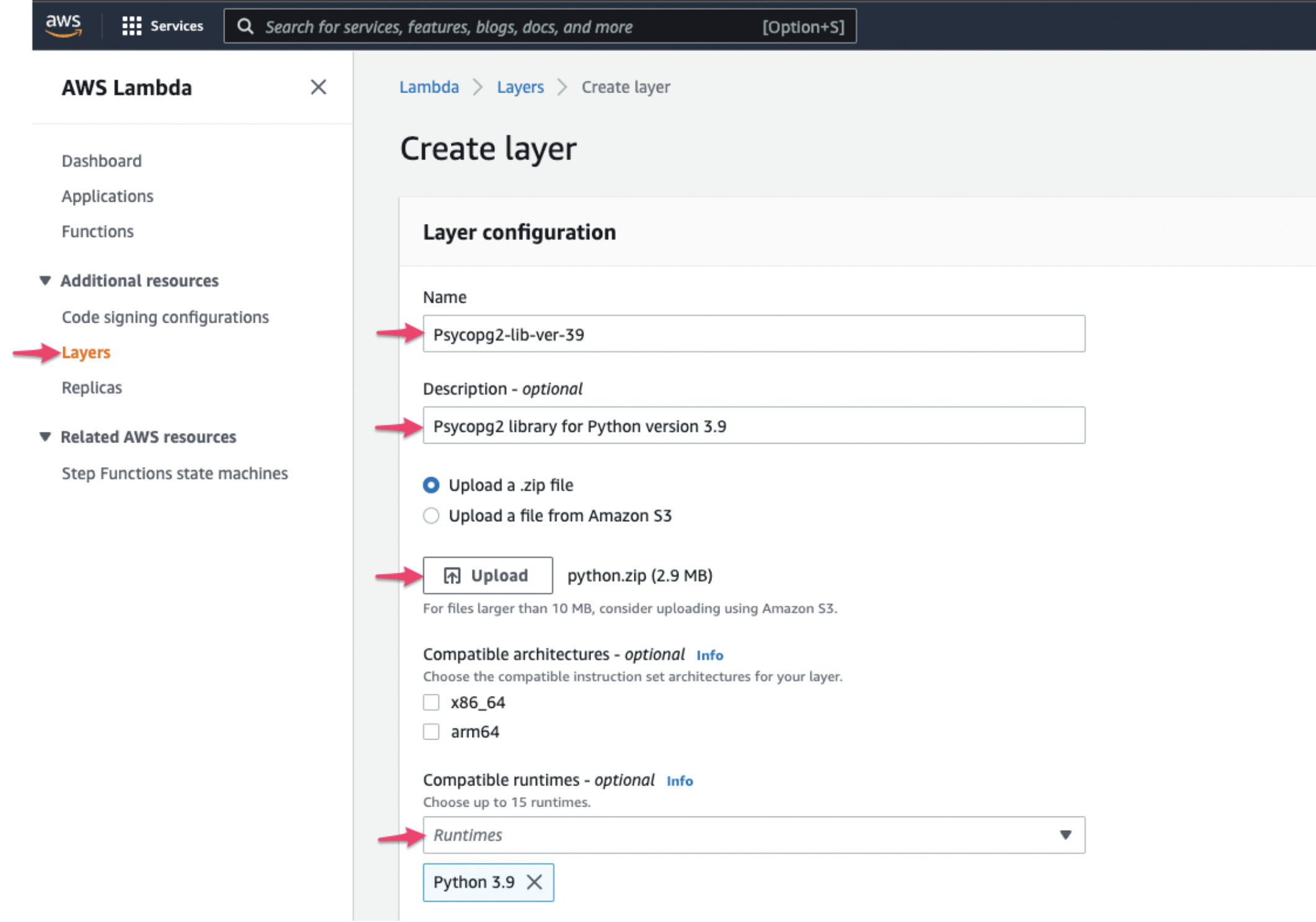 Creating a new layer in AWS Lambda.