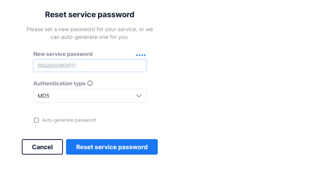 Reset service password in Timescale Cloud (select MD5 as the authentication type)