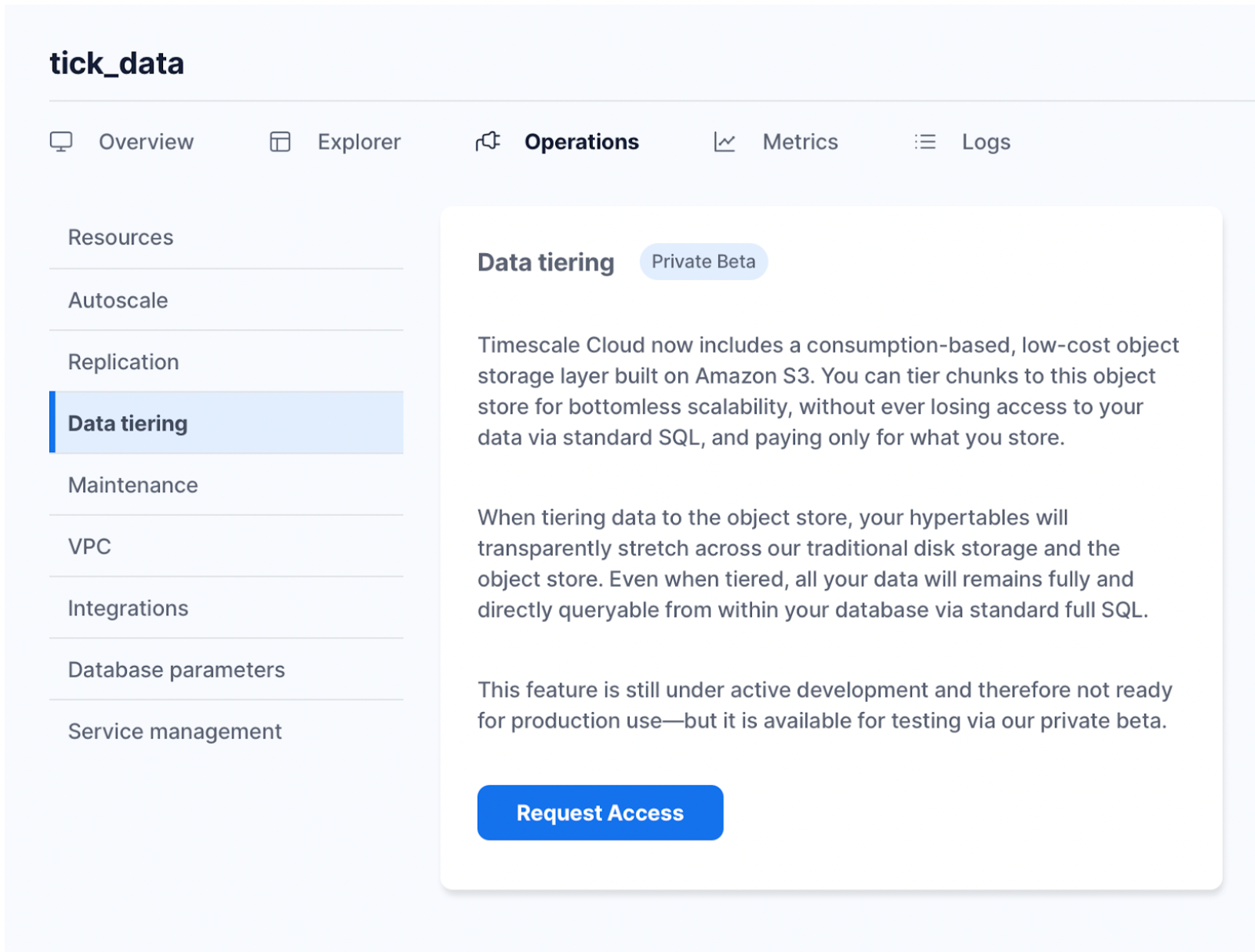 Timescale Cloud's UI where you can request access to private beta