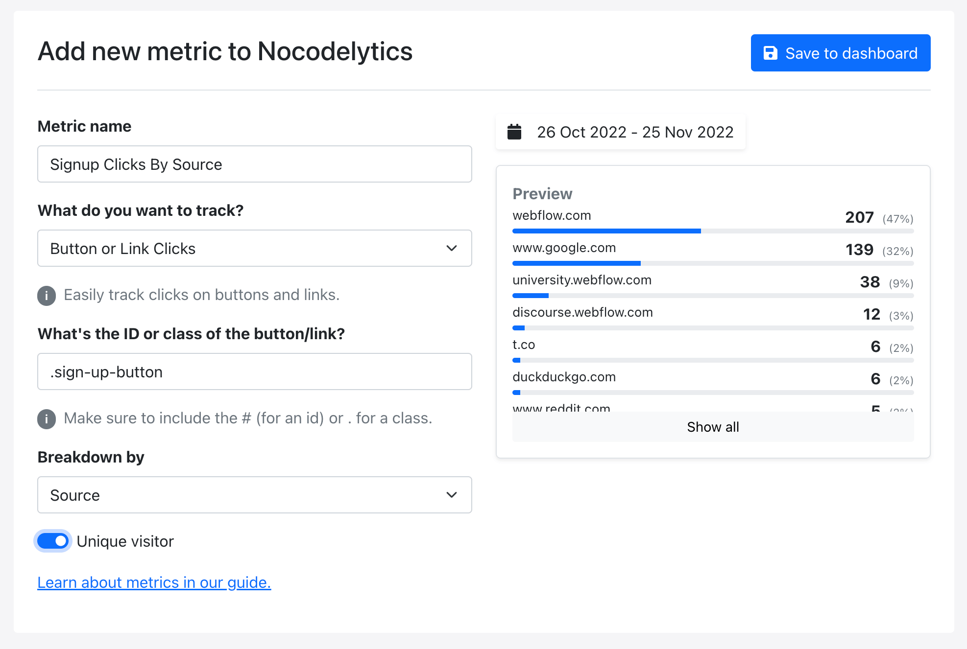 Adding a new metric to the Nocodelytics dashboard. The company uses wide tables to reduce query cost