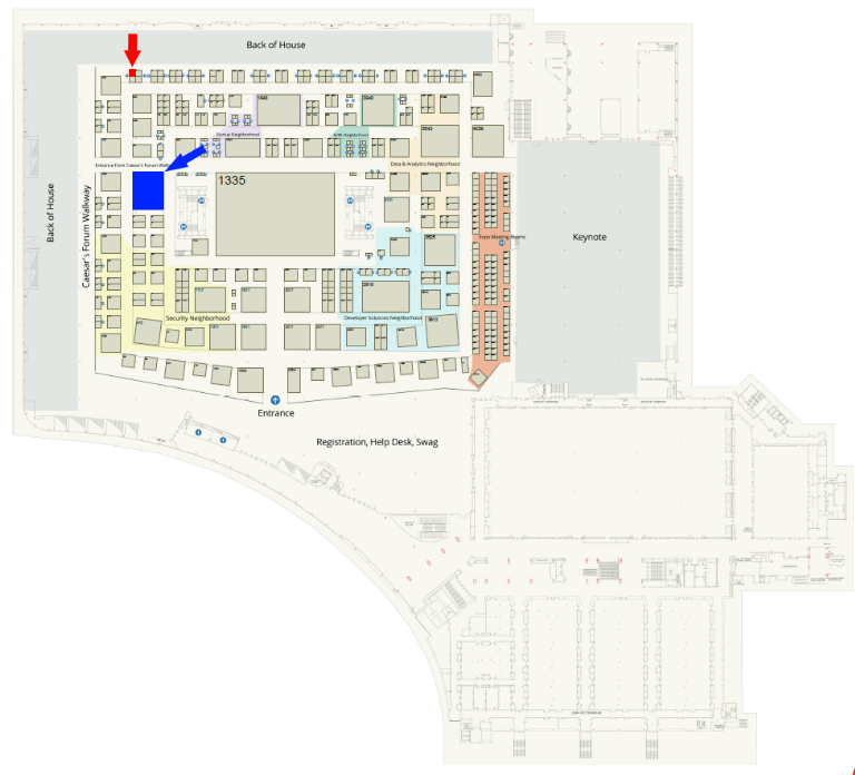 A map of the re:Invent floor plan at The Venetian hotel, highlighting the Timescale booth and Theater 1