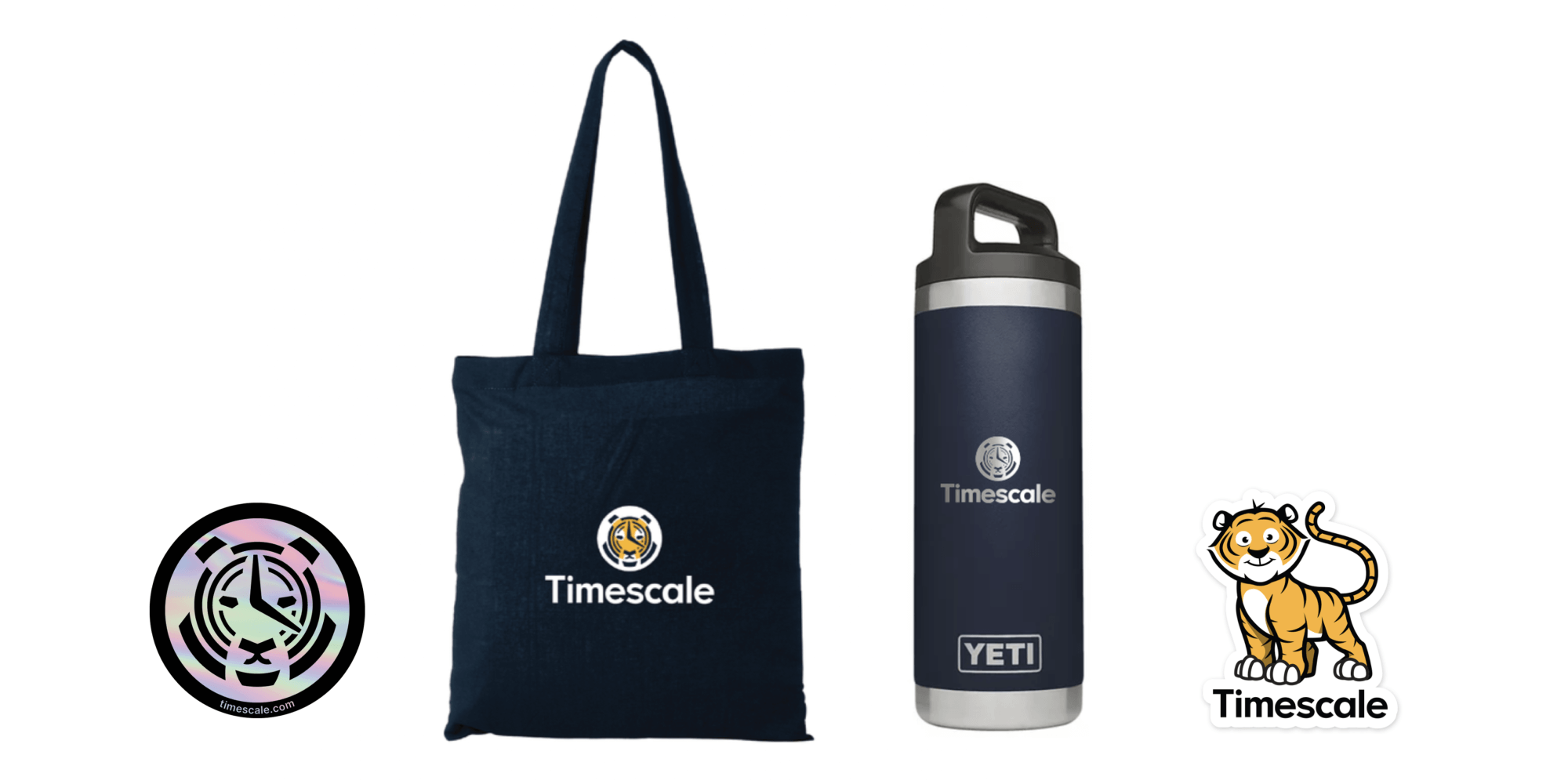 Stickers, the tote bag, and the water bottle the Timescale Team will hand out as swag at re:Invent