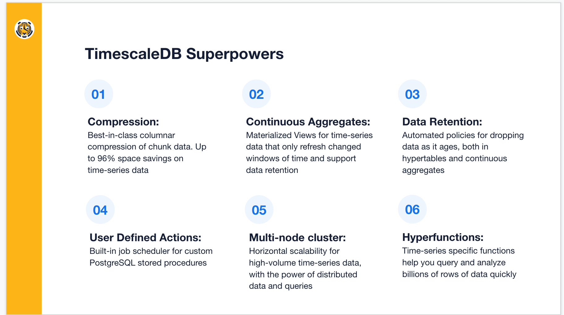 One of the slides of the talk describing TimescaleDB's superpowers