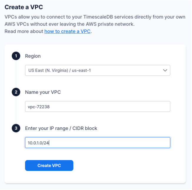 Timescale Cloud UI: Create a VPC page