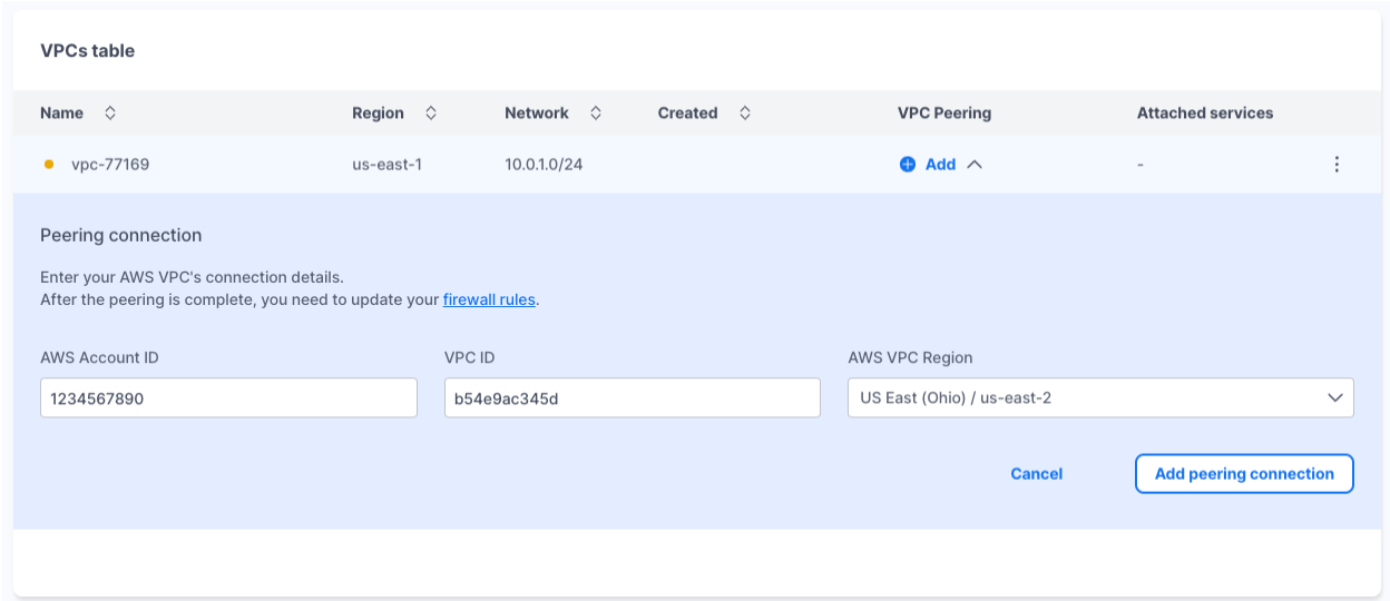 Creating a peering connection to a single VPC in the Timescale Cloud UI