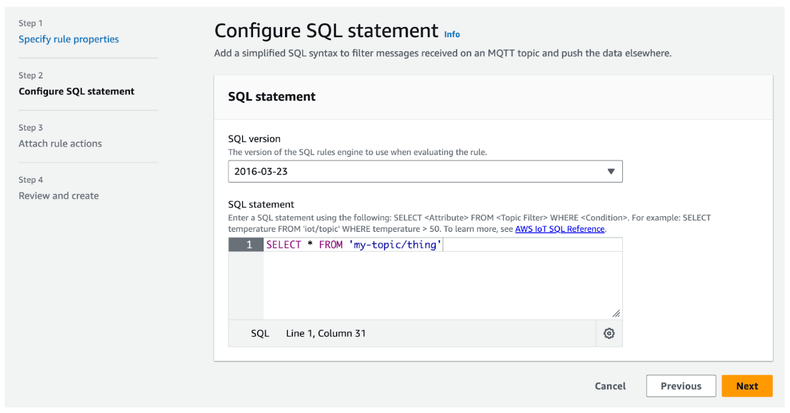  Configuring the SQL statement in IoT Core