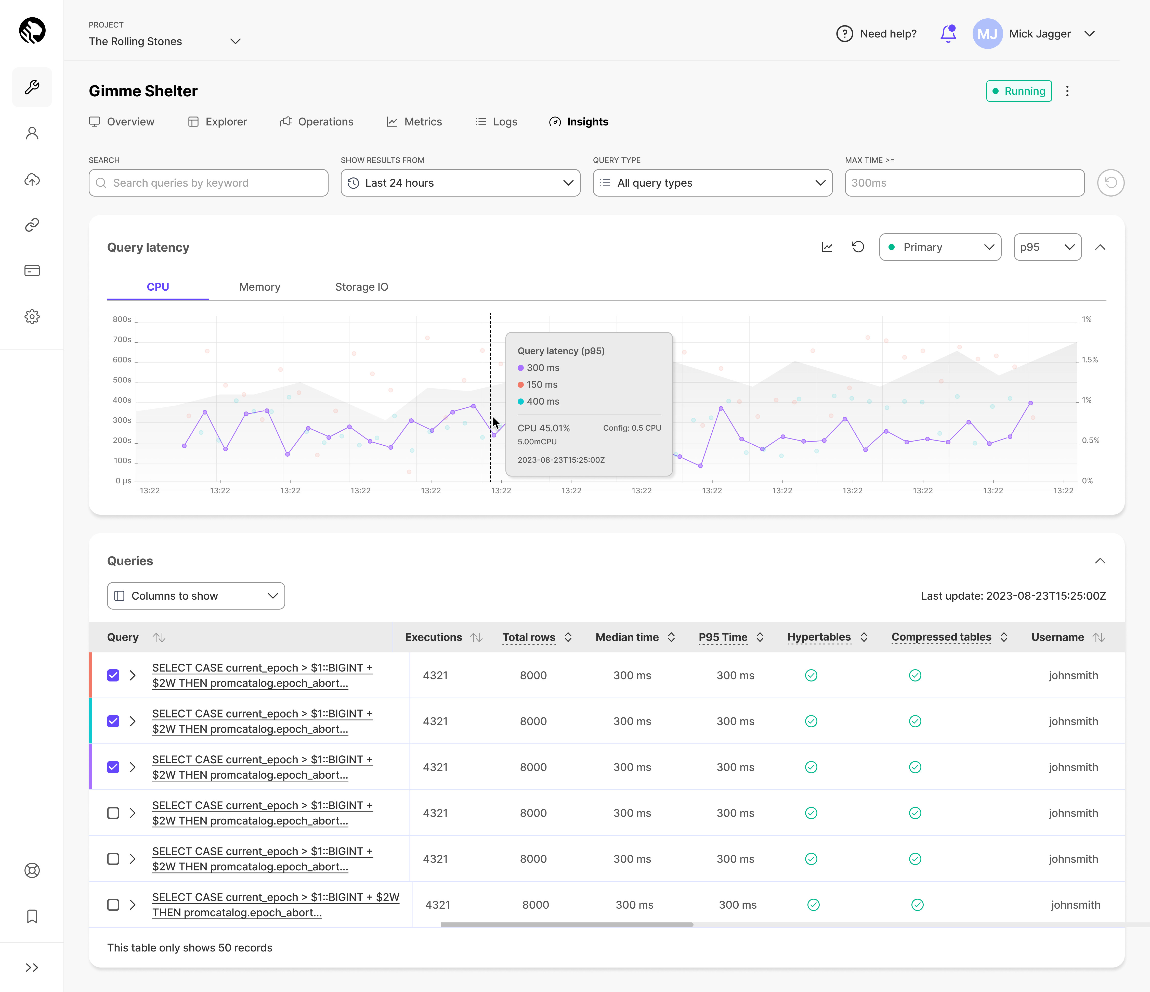  Insights collects information about query latency, CPU, memory, I/O, shared buffers, and other metrics across all Timescale databases, ingesting billions of records per day