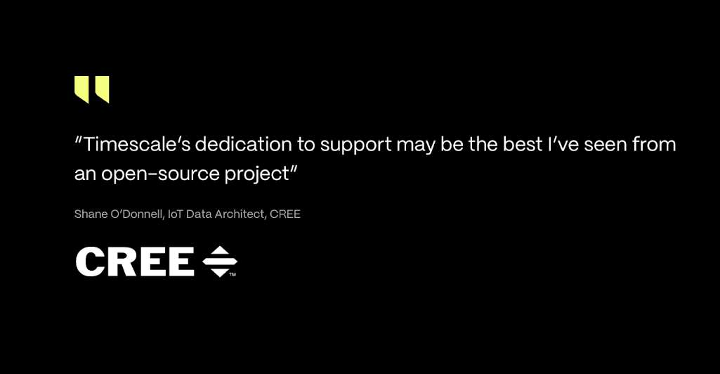 A customer quote: "Timescale's dedication to support may be the best I've seen from an open-source project."