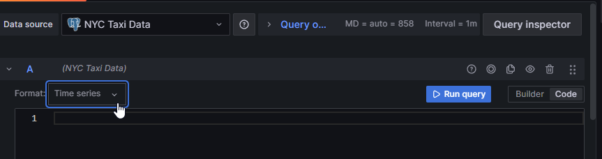 The Grafana UI: in the left, you can choose the format of your visualization. The cursor is selecting time series