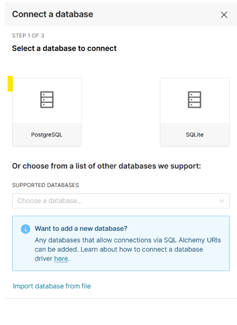Selecting between PostgreSQL and SQLite in the Connect database menu.