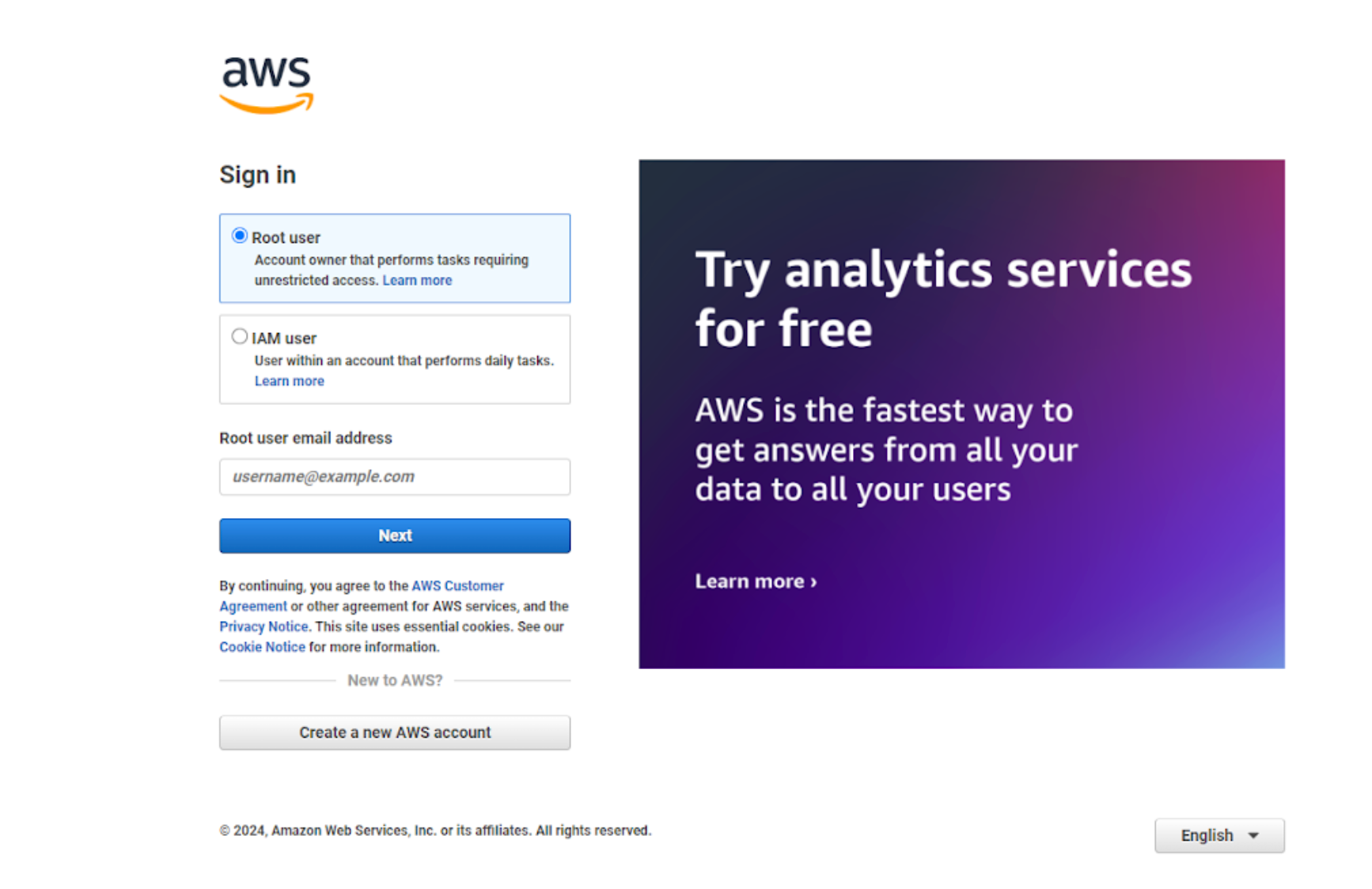 Login page for Amazon Web Services